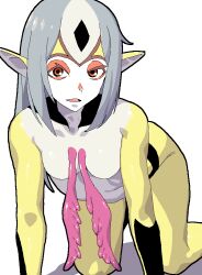 all_fours ao_no_roku-gou colored_skin facial_mark fish_girl forehead_mark grey_hair happy lol_(harikofu) looking_at_viewer monster_girl multicolored_hair multicolored_skin mutio open_mouth pink_wings pointy_ears red_eyes white_hair wings yellow_skin