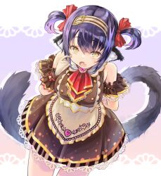 1girl animal_ears apron arm_garter arms_behind_back ascot bare_shoulders black_hair blush breasts brown_apron brown_dress buttons cat_ears cat_girl colored_inner_hair commentary_request cosplay cowboy_shot crop_top detached_collar double-breasted dress fang frilled_wrist_cuffs frills gloves hairband highres kiyama_satoshi kuroike_momimi large_breasts leaning_forward looking_at_viewer mihono_bourbon_(code:glassage)_(umamusume) mihono_bourbon_(umamusume) mihono_bourbon_(umamusume)_(cosplay) multicolored_hair open_mouth parted_hair purple_hair red_ascot short_dress short_twintails sleeveless sleeveless_dress solo twintails umamusume virtual_youtuber waist_apron white_gloves wide_hips wrist_cuffs yellow_eyes