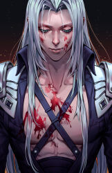 1boy aqua_eyes armor black_jacket blood blood_on_chest blood_on_face chest_strap closed_mouth collarbone final_fantasy final_fantasy_vii grey_hair half-closed_eyes highres jacket long_bangs long_hair male_focus parted_bangs pauldrons pectorals sephiroth shoulder_armor slit_pupils solo solthrys upper_body