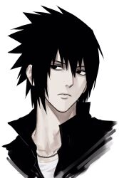 Rule 34 | 1boy, alternate costume, black eyes, black hair, black jacket, black shirt, closed mouth, collarbone, crew neck, cropped shoulders, frown, hair behind ear, hair between eyes, highres, jacket, jewelry, lips, looking to the side, male focus, naruto (series), naruto shippuuden, necklace, open collar, popped collar, shirt, short hair, sideways glance, simple background, solo, sso s, uchiha sasuke, white background, white shirt
