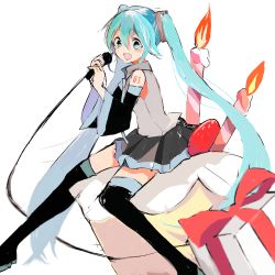 1girl :d aqua_eyes aqua_hair bad_id bad_pixiv_id candle detached_sleeves female_focus food gift hatsune_miku in_food long_hair microphone mini_person minigirl necktie open_mouth senpapimajitensi shinasue_azuki sitting skirt smile solo thighhighs twintails very_long_hair vocaloid