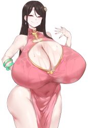 1girl absurdres breasts brown_hair china_dress chinese_clothes cleavage dress fingernails gigantic_breasts highres jade_bracelet long_hair looking_at_viewer mature_female mousekkk no_panties official_art pelvic_curtain pink_dress pink_eyes pink_nails sharp_fingernails smile solo sweat thick_thighs thighs white_background xiuxian:_mu_zhu_chuan yun_shu_(xiuxian:_mu_zhu_chuan)
