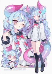 +_+ 1girl black_sailor_collar blue_hair blue_pupils bow bowtie braided_sidelocks breasts chibi coat color_guide commentary_request dress gradient_hair highres horns long_hair looking_at_viewer multicolored_hair multiple_views one_eye_closed open_mouth original pink_bow pink_bowtie pink_eyes pink_hair pointy_ears saebashi sailor_collar school_uniform short_dress simple_background small_breasts smile sparkle tail very_long_hair wavy_hair white_background white_coat white_dress