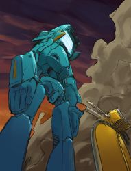 absurdres canti commentary_request feet_out_of_frame flcl highres humanoid_robot motor_vehicle no_humans orange_sky purple_sky robot satodesu_cookie scooter sky standing sunset vespa
