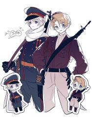 Rule 34 | 2boys, ahoge, aiguillette, america (hetalia), ascot, axis powers hetalia, baggy pants, belt, black-framed eyewear, black belt, black boots, black gloves, blonde hair, blue eyes, blue hat, blue jacket, blue pants, boots, breast pocket, brown boots, brown hat, brown jacket, buttons, closed mouth, commentary request, cowboy shot, full body, glasses, gloves, grey hair, grey pants, gun, hands on own hips, hat, hat ornament, highres, jacket, lapels, long sleeves, male focus, medal, military, military hat, military jacket, military uniform, mini hat, mini person, miniboy, multiple boys, multiple views, open mouth, pants, pocket, puffy long sleeves, puffy sleeves, purple eyes, rifle, russia (hetalia), scarf, semi-rimless eyewear, sheer candy, shirt, short hair, smile, standing, star (symbol), star hat ornament, star ornament, teeth, v-shaped eyebrows, weapon, weapon on back, white ascot, white scarf, white shirt, yellow belt