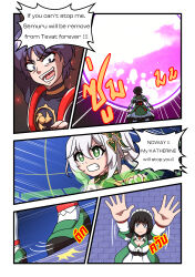 Rule 34 | 1boy, 2girls, absurdres, arms up, atawatsho, black hair, blue eyes, braid, comic, commentary, english commentary, english text, genshin impact, green eyes, hair ornament, highres, katheryne (genshin impact), multiple girls, nahida (genshin impact), orb, pointy ears, purple eyes, purple hair, robot, scaramouche (genshin impact), single braid, speech bubble, symbol-shaped pupils, white hair