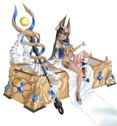 1girl absurdres ancient_egyptian animal_ears anklet armlet bandages black_hair blue_eyes blue_hair bracelet breasts bridal_gauntlets claws colored_inner_hair dark-skinned_female dark_skin earrings fang highres hiranui_(pixiv_115098363) jackal_ears jewelry long_hair looking_at_viewer multicolored_hair navel original sitting small_breasts solo staff thighlet two-tone_hair usekh_collar very_long_hair white_background