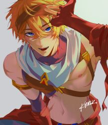 1boy abs absurdres arm_up artist_name bandaged_arm bandages blue_eyes chest_harness earrings genshin_impact hair_between_eyes harness headband highres jewelry kynlv leaning_forward looking_at_viewer male_focus nipples open_mouth orange_hair scar scar_on_stomach scarf sharp_teeth short_hair simple_background single_earring sleeveless solo tartaglia_(genshin_impact) teeth tongue white_background white_scarf