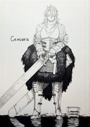 1girl angvall armor armored_boots blood boots breasts cape centuria chainmail coat copyright_name fur_coat hair_over_one_eye helmet highres holding holding_sword holding_weapon huge_weapon knight long_hair monochrome muscular muscular_female pool_of_blood reflection scabbard scar sheath shoulder_armor sketch soldier solo sword unworn_headwear unworn_helmet weapon yukinobu_tatsu