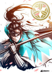 1boy aqua_haori closed_mouth commentary_request crest family_crest floating_hair forehead_protector haori holding holding_sheath holding_sword holding_weapon japanese_clothes katana left-handed long_hair looking_to_the_side male_focus original outdoors partial_commentary pink_petals ponytail real_life saitou_hajime sheath shinsengumi solo sword tani1114 weapon