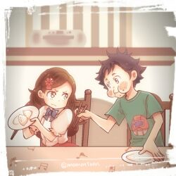 1boy 1girl black_hair blue_bow boombox bow brown_eyes brown_hair chewing classicaloid closed_mouth food food_on_face glutton green_shirt hair_ornament hairclip kagura_sousuke long_hair momontaon otowa_kanae pink_shirt plate puffy_short_sleeves puffy_sleeves shirt short_hair short_sleeves t-shirt