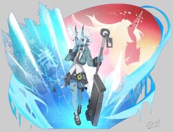 1girl absurdres black_choker black_necktie black_skirt blue_horns blue_oni blue_skin blue_tail choker collared_shirt colored_skin hair_between_horns highres holding holding_weapon horns ice jacket multicolored_horns necktie oni open_clothes open_jacket orange_eyes pointy_ears shirt short_hair skin-covered_tail skirt smile soukaku_(zenless_zone_zero) thigh_strap two-tone_horns weapon white_hair white_shirt zenless_zone_zero zeroartwo