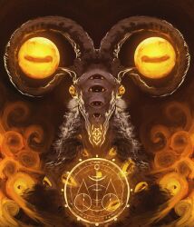 balance_scale colored_sclera cropped_shoulders disembodied_eye elden_ring elden_ring_nightreign extra_eyes facing_viewer glowing goat_horns highres horizontal_pupils horns libra_(elden_ring) looking_at_viewer monster monster_focus sigil solo thefearmaster very_big_eyes weighing_scale yellow_sclera
