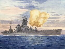 acrylic_paint_(medium) atelier_bono battleship cannon firing highres hyuuga_(battleship) imperial_japanese_navy mast military_vehicle muzzle no_humans ocean original painting_(medium) ship sky traditional_media vehicle_focus warship watercraft world_war_ii