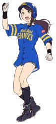 1girl :d baseball_helmet baseball_jersey black_footwear black_hair black_socks blue_shirt blush camouflage camouflage_shorts coca-cola female_focus fukuoka_softbank_hawks full_body gloves green_eyes hand_guard helmet idolmaster idolmaster_cinderella_girls jersey jewelry kneehighs long_hair low_ponytail necklace nigou nippon_professional_baseball open_mouth pinstripe_pattern ponytail shirt short_shorts shorts simple_background smile socks solo striped white_background white_gloves yamato_aki