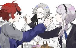 1girl 2boys ahoge aotsuki_eito black_gloves black_hair braid braided_ponytail closed_eyes feeding gloves highres holding holding_spoon kirifuji_nozomi long_hair looking_at_another messy_hair multicolored_hair multiple_boys red_hair simple_background spoon sumino_takumi the_hundred_line_-last_defense_academy- upper_body white_background