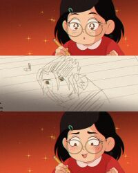 1990s_(style) 1girl :3 animification black_hair brenni_murasaki brown_eyes clip_studio_paint_(medium) commentary drawing_(action) drawing_(object) faux_retro_artstyle glasses heart highres looking_at_viewer meilin_lee meme naruto_(series) open_mouth pencil retro_artstyle shirt short_hair smile symbol-only_commentary turning_red uchiha_sasuke