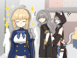 !? 3girls absurdres ahoge animal_ears armor artoria_pendragon_(fate) back_cutout black_coat blonde_hair blue_bow blue_bowtie blue_dress blue_eyes bow bowtie cat_ears cat_tail cipher_(honkai:_star_rail) closed_eyes clothing_cutout coat cowboy_shot dress fate/stay_night fate_(series) grey_hair highres honkai:_star_rail honkai_(series) hood juliet_sleeves long_hair long_sleeves meme_request multiple_girls ooyun puffy_sleeves saber_(fate) short_hair shoulder_armor sparkle standing stelle_(honkai:_star_rail) tail trailblazer_(honkai:_star_rail) yellow_eyes