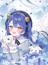 Rule 34 | absurdres, ahoge, amamiya kokoro, amamiya kokoro (1st costume), angel wings, balloon, bell, beret, blue hair, blush, bow, box, envelope, fang, feet, gift, gift box, hair between eyes, hair ornament, hair ribbon, happy, happy birthday, hat, highres, holding, holding envelope, long hair, lying, mini wings, mugichoco, neko (amamiya kokoro), nijisanji, on stomach, open mouth, ribbon, skin fang, virtual youtuber, wings, x hair ornament, yellow eyes
