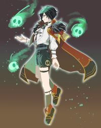 Rule 34 | 1boy, black bow, black bowtie, black hair, black shoes, black shorts, bow, bowtie, cape, collared shirt, commentary request, datenshi no fu, despair god morroc, fire, floating skull, full body, fur collar, green fire, grey socks, grin, hair over one eye, highres, long sleeves, looking afar, male focus, ragnarok masters, ragnarok online, red cape, shirt, shoes, short hair, shorts, smile, socks, solo, white shirt, yellow eyes