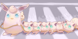 :3 aqua_eyes blue_eyes closed_eyes crossover crosswalk evolutionary_line gen_1_pokemon gen_2_pokemon igglybuff jigglypuff kicking kirby kirby_(series) look-alike nintendo no_humans odd_one_out open_mouth pokemon pokemon_(creature) road rope_train sora-mame street trait_connection wigglytuff