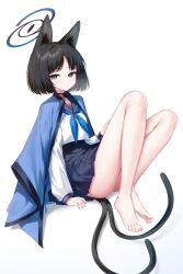 Rule 34 | 1girl, absurdres, animal ears, bare legs, barefoot, black eyes, black hair, blue archive, blue halo, blue neckerchief, cat ears, cat girl, cat tail, cobe, commentary, halo, highres, hyakkaryouran (blue archive), japanese clothes, kikyou (blue archive), long sleeves, looking to the side, multiple tails, neckerchief, sailor collar, school uniform, serafuku, short hair, sitting, skirt, solo, tail, toenails, toes, two tails, white background