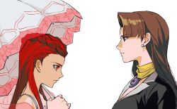 Rule 34 | 2girls, absurdres, ace attorney, ako (eanaaati1), black suit, braid, brown hair, closed mouth, crown braid, dahlia hawthorne, formal clothes, from side, hand up, highres, long hair, looking at another, magatama, mia fey, multiple girls, parasol, phoenix wright: ace attorney - trials and tribulations, red eyes, red hair, simple background, suit, umbrella, upper body, white background