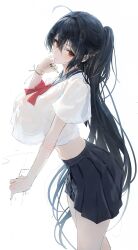 absurdres ahoge alternate_costume azur_lane black_hair black_nails black_skirt blue_sailor_collar bracelet closed_mouth commentary cropped_legs cropped_shirt english_commentary hair_between_eyes highres jewelry long_hair looking_at_viewer matsogum pleated_skirt ponytail red_ribbon ribbon sailor_collar school_uniform shirt sidelocks simple_background skirt standing taihou_(azur_lane) white_background white_shirt