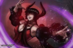 Rule 34 | 1girl, absurdres, artist name, black hair, breasts, commentary, copyright name, dated, detached sleeves, eliza (tekken), english commentary, flower, highres, horns, looking at viewer, raydash30, red flower, red horns, red rose, rose, solo, tekken, tekken 7, upper body