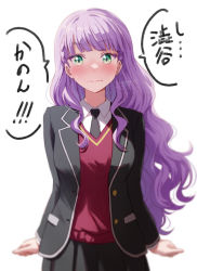 1girl blunt_bangs blush braid breasts commentary embarrassed green_eyes long_hair looking_at_viewer love_live! love_live!_superstar!! medium_breasts purple_hair shamakho side_braids signature simple_background solo speech_bubble sweat translation_request tsundere watermark wavy_hair white_background wien_margarete