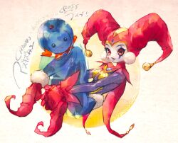 1girl bell bodysuit chrono_cross closed_mouth facepaint full_body gloves harem_pants harle_(chrono_cross) harlequin hat jester jester_cap leotard lipstick looking_at_viewer makeup pants pom_pom_(clothes) red_eyes red_gloves red_leotard smile starky_(chrono_cross) tassel u_emmm
