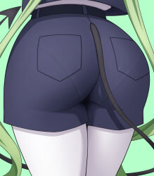 1girl absurdres ass ass_focus black_shorts blue_archive clothing_cutout demon_tail green_background green_hair highres long_hair lower_body nozomi_(blue_archive) pantyhose pantylines ryusei_(coupling_maker) shirt short_shorts shorts simple_background solo tail tail_through_clothes twintails white_pantyhose