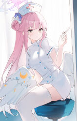 1girl absurdres alternate_costume blue_archive breasts closed_mouth commentary cross dress feathered_wings hair_bun halo hand_up hat highres holding holding_syringe large_breasts long_hair low_wings mika_(blue_archive) nurse_cap pink_hair pink_halo red_cross sitting solo syringe thighhighs usagi_(786113654) very_long_hair white_dress white_thighhighs white_wings wings yellow_eyes