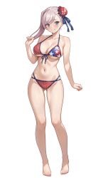 Rule 34 | 1girl, absurdres, bikini, blue bikini, blue eyes, blush, breasts, bun cover, collarbone, fate/grand order, fate (series), full body, grin, highres, large breasts, looking at viewer, medium hair, miyamoto musashi (fate), miyamoto musashi (fate/grand order), miyamoto musashi (swimsuit berserker) (fate), miyamoto musashi (swimsuit berserker) (second ascension) (fate), navel, pink hair, red bikini, simple background, smile, solo, stomach, swimsuit, thighs, vodka13, white background