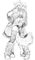 2boys alternate_costume androgynous animal_ears bdsm belt belt_buckle blunt_bangs blush bondage bound buckle canute costume crossdressing crossdressing_(mtf) dress finger_in_another&#039;s_mouth frilled_sleeves frills full_body hand_in_pants high_heels highres little_red_riding_hood_(fairy_tale) long_hair looking_at_viewer male_focus march_tai monochrome multiple_boys open_mouth parted_lips rope sharp_teeth standing tail teeth thorfinn tongue torn_clothes tunic unbuttoned vinland_saga werewolf yaoi