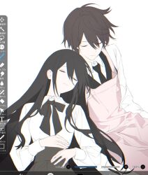 Rule 34 | 1boy, 1girl, ahoge, alternate skin color, apron, art program in frame, black bow, black bowtie, black hair, black necktie, black vest, bow, bowtie, breasts, brown hair, chromatic aberration, closed eyes, closed mouth, collared shirt, cowboy shot, double-parted bangs, eyes visible through hair, flat chest, grey skirt, hair between eyes, head on another&#039;s shoulder, heavy chromatic aberration, hero (faraway) (omori), hero (omori), high-waist skirt, highres, ibispaint (medium), long hair, long sleeves, mari (faraway) (omori), mari (omori), messy hair, necktie, omori, pale skin, pink apron, puffy long sleeves, puffy sleeves, shanahan, shirt, shirt tucked in, short hair, sidelocks, simple background, sitting, skirt, small breasts, smile, straight hair, u u, very long hair, vest, white background, white shirt