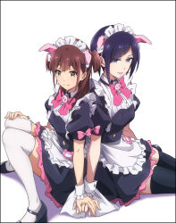 2girls absurdres akiba_maid_sensou animal_ears black_hair black_thighhighs brown_hair highres holding_hands maid maid_headdress mannen_ranko multiple_girls official_art pig_ears purple_eyes short_hair simple_background sitting smile thighhighs wahira_nagomi white_background white_thighhighs yellow_eyes zettai_ryouiki