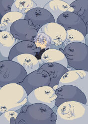 1boy 6+others closed_eyes cuddling dogpile flippers grey_fur grey_hair harp_seal highres hug kotomaru_9b lying multiple_others musical_note original pile saliva seal_(animal) sleeping smile squishing tongue tongue_out whiskers white_fur yawning