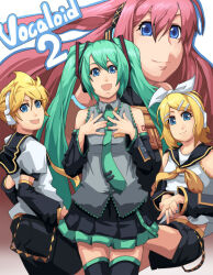 1boy 3girls black_boots black_sailor_collar black_shorts black_skirt black_sleeves blonde_hair blue_eyes blue_hair blue_necktie boots bow closed_mouth collared_shirt commentary_request cowboy_shot detached_sleeves grey_shirt hair_bow hatsune_miku headphones hutene kagamine_len kagamine_rin long_hair long_sleeves looking_at_viewer megurine_luka miniskirt multiple_girls neckerchief necktie number_tattoo open_mouth pink_hair pleated_skirt sailor_collar shirt shorts shoulder_tattoo simple_background sitting skirt sleeveless sleeveless_shirt smile tattoo thigh_boots twintails very_long_hair vocaloid white_background white_bow white_shirt yellow_neckerchief