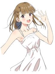 1girl :d alternate_costume armpits bare_shoulders bien_(djpwjd1) black_bow bow braid breasts brown_hair center-flap_bangs commentary cowboy_shot dress hair_bow hand_up highres kachimachi_kosuzu link!_like!_love_live! looking_at_viewer love_live! open_hand open_mouth pink_eyes pinstripe_bow side_braids simple_background sleeveless sleeveless_dress small_breasts smile solo spaghetti_strap strap_slip virtual_youtuber white_background white_dress