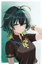 Rule 34 | 1girl, absurdres, abysssian, ahoge, arm tattoo, arm up, black shirt, border, bracelet, breasts, colored inner hair, commentary, crossed bangs, diamond-shaped pupils, diamond (shape), english commentary, genderswap, genderswap (mtf), genshin impact, gradient background, green background, green eyes, green hair, green hairband, green tattoo, hair between eyes, hairband, highres, jewelry, kinich (genshin impact), looking at viewer, medium breasts, medium hair, multicolored hair, parted lips, shirt, short sleeves, signature, solo, symbol-shaped pupils, tattoo, upper body, white border
