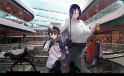 1boy 1girl absurdres age_difference aged_down bag black_hair breasts commentary couple curvy english_commentary fate/grand_order fate_(series) fujimaru_ritsuka_(male) hand_on_another&#039;s_head hetero highres large_breasts long_hair mall mature_female minamoto_no_raikou_(fate) narrow_waist onee-shota photo_background purple_eyes purple_hair shopping shopping_bag size_difference skirt slob_slime stuffed_toy tall_female watercraft wide_hips