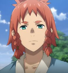 1boy bad_tag blessing braid crisis_of_memory demi-human determined green_eyes guardian_bearer highres isekai kai_(teogonia) light_blue_hakama looking_at_viewer magic male_focus open_mouth orange_hair polearm red_mark_on_face reincarnated short_hair short_hakama solo spear spearmastery teogonia traditional_clothing weapon