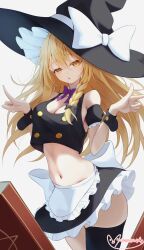 1girl :o absurdres apron bare_shoulders black_skirt black_vest blonde_hair blush book bow braid breasts buttons cleavage commentary_request cropped_vest double-breasted frilled_skirt frills hair_between_eyes hair_bow hands_up hat hat_bow highres kirisame_marisa long_hair looking_at_viewer medium_breasts midriff miniskirt navel no_shirt pennosuke single_braid skirt solo stomach thighhighs thighs touhou upskirt very_long_hair vest w_arms waist_apron white_apron white_bow witch witch_hat yellow_eyes