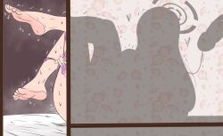 1boy 1girl aftersex asuna_(blue_archive) blue_archive cum cum_string full_body fuzzlogik halo heart highres implied_nudity long_hair lying motion_lines on_back panties panties_around_ankles panty_pull penis shadow silhouette sweat trembling underwear