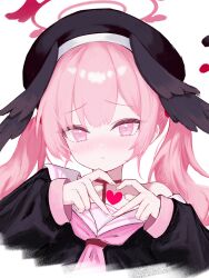 absurdres beret black_hat black_wings blue_archive blush feathered_wings halo hat head_wings heart heart_hands highres koharu_(blue_archive) neckerchief off_shoulder pink_eyes pink_hair pink_neckerchief red_halo rns sailor_collar white_sailor_collar winged_halo winged_hat wings
