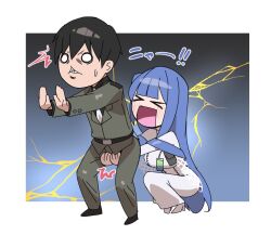&gt;_&lt; 1boy 1girl arcana_(nikke) black_hair black_shirt blunt_bangs border collared_shirt commander_(nikke) crotch_grab dress fune_(fune83ojj) goddess_of_victory:_nikke hair_intakes high_heels lightning long_hair military_uniform necktie no_pupils one_side_up open_mouth outside_border shirt short_hair white_border white_dress white_necktie zipper