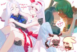 Rule 34 | !, 6+girls, ancient rabbit, animal ears, antlers, araiyme, armor, blonde hair, blunt bangs, blush, bow, breastplate, carrying, chibi, chibi inset, closed eyes, closed mouth, commentary, dark-skinned female, dark skin, defender rabbit, dress, druid rabbit, feet out of frame, floppy ears, forehead jewel, frilled dress, frills, gem, green eyes, green hair, heart, heavyblade rabbit, highres, holding, holding polearm, holding sword, holding weapon, horns, interracial, long hair, looking at another, multiple girls, pointy ears, polearm, princess carry, rabbit and steel, rabbit ears, rabbit girl, rabbit of the moon shira, ranalie the mythril dragon, red bow, red eyes, red gemstone, red sash, sash, smile, spear, strapless, strapless dress, sword, symbol-only commentary, upper body, weapon, white dress, white hair, yuri
