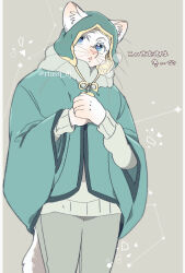1boy animal_hands babeldj blue_coat blue_eyes body_fur breath cat_boy coat cold commentary_request cowboy_shot fur-trimmed_coat fur_trim furry furry_male grey_background male_focus original own_hands_together solo standing tail translation_request whiskers white_fur