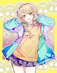 1girl absurdres aqua_jacket black_skirt blonde_hair braid broken_heart_hands chinese_commentary commentary_request cowboy_shot fang fujita_kotone gakuen_idolmaster hair_ornament hairclip highres idolmaster jacket long_hair long_sleeves looking_at_viewer miniskirt open_clothes open_jacket open_mouth plaid_clothes plaid_skirt pleated_skirt sample_watermark shirt skirt smile solo sunao1130 twin_braids watermark yellow_eyes yellow_shirt